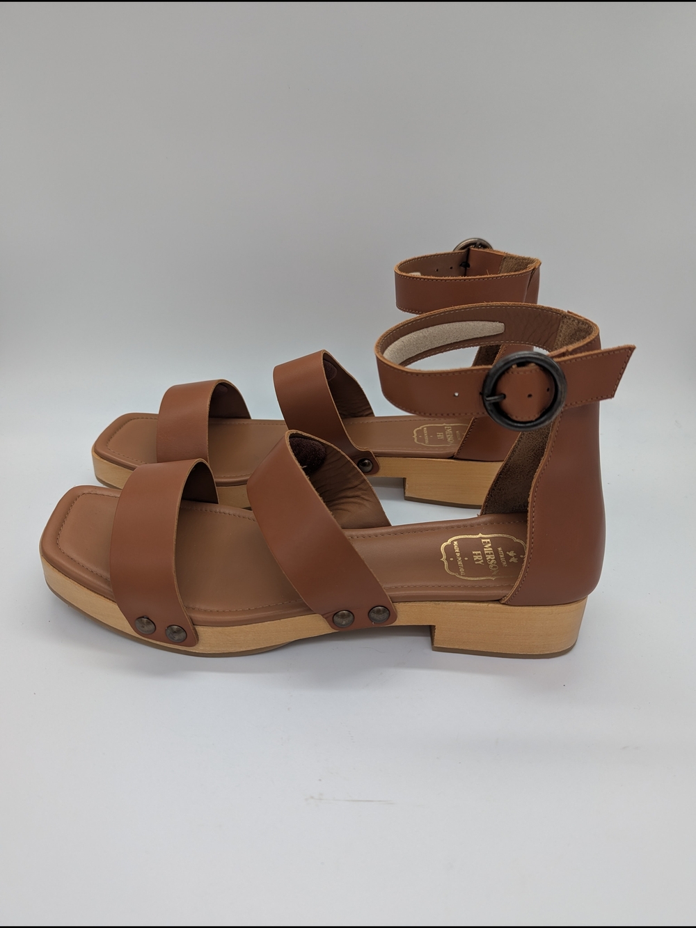 Emerson Fry Clog Leather Ankle-Strap Low Sandals EU 40 US 9.5-10 Cognac Luxury